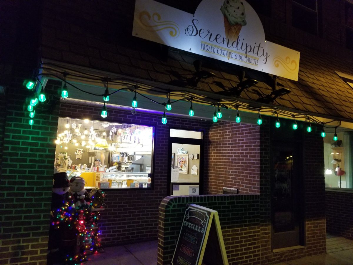 Brain Freeze storefront at night with string lights