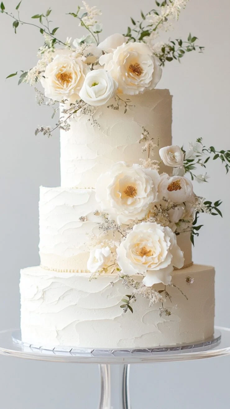 Elegant white wedding cake with flowers